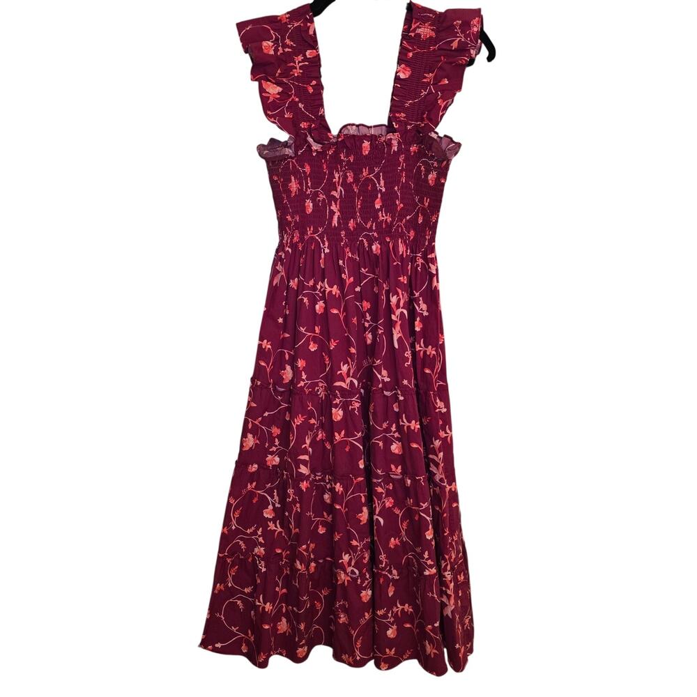 Hill House Home Nap Dress Small Burgundy Floral Smocked Midi Dress Like New